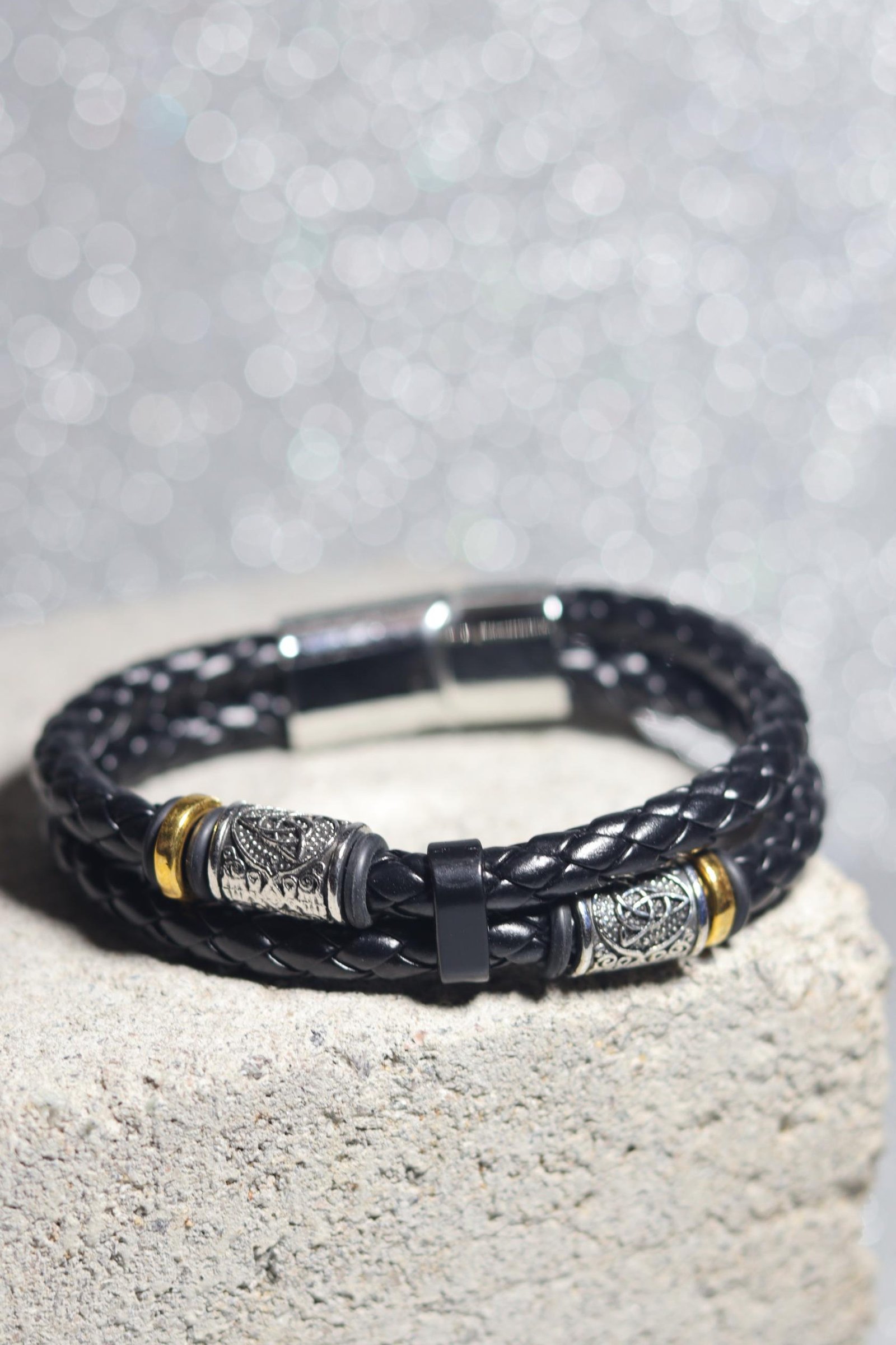 2 Braided Black Leather Bracelet with Viking-Inspired Gold Beads 299