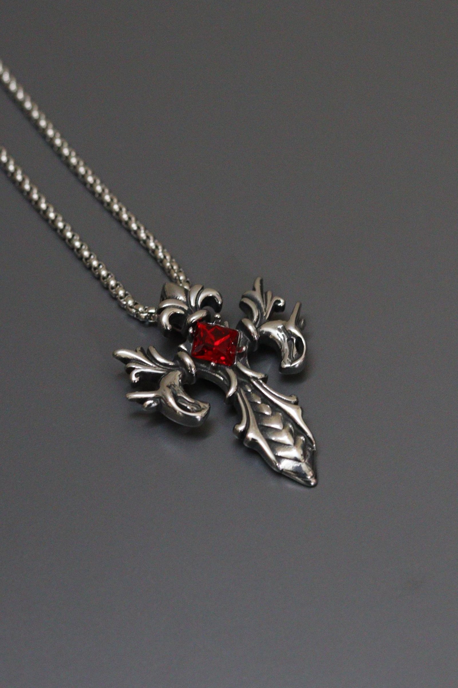 Gothic Red Stone Cross Pendant 2